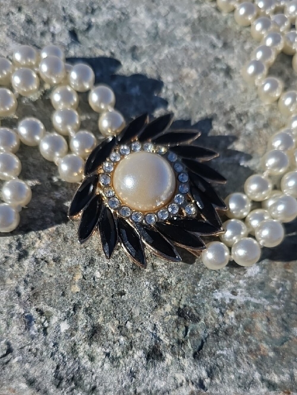 Triple-Strand White Faux Pearl Necklace with Crystal Floral Accent - Picture 2 of 5